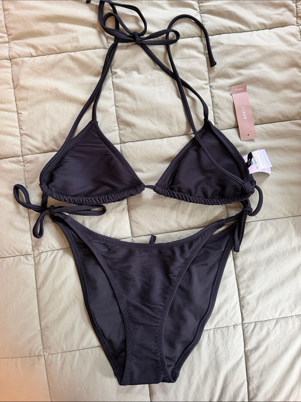 J. Crew Black Ribbed Triangle String Bikini